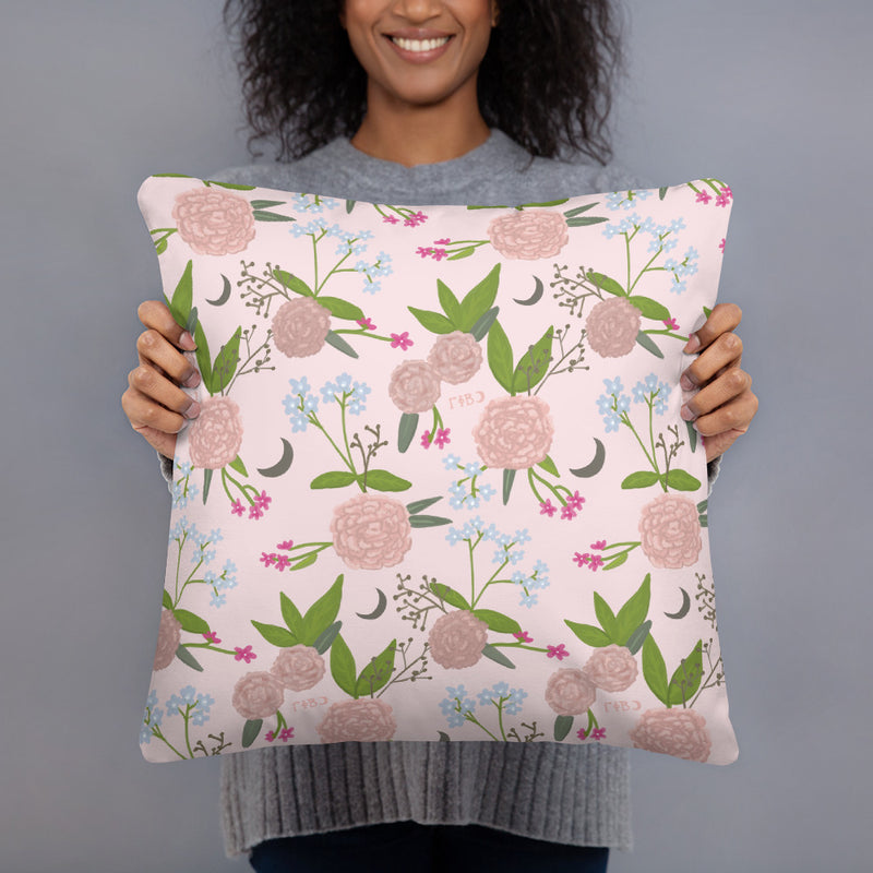 Floral print on back of Gamma Phi Beta Greek Letters Pillow