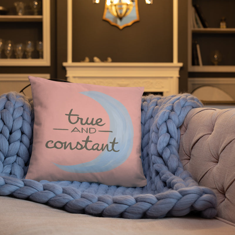 Gamma Phi Beta Motto True and Constant Pillow showing hand-drawn design