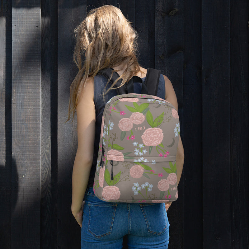 Gamma Phi Beta Pink Carnation Print Backpack shownon model&