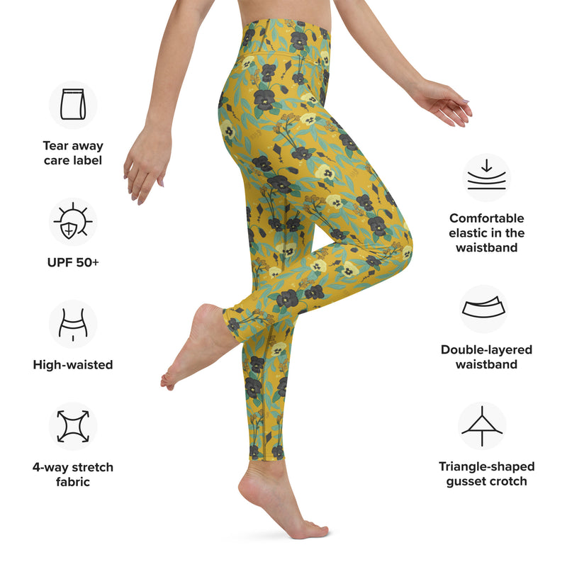 Kappa Alpha Theta Pansy Floral Print Yoga Leggings, Gold showing product details