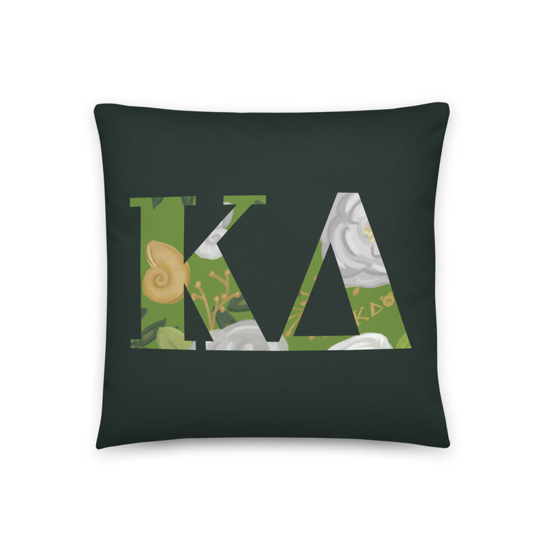 Kappa Delta Greek Letters Dark Green Pillow showing hand-drawn design inside letters