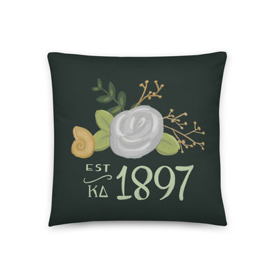 Kappa Delta 1897 Founding Date Dark Green Pillow close up showing artist created design