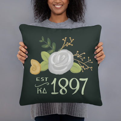 Kappa Delta 1897 Founding Date Dark Green Pillow in model's hands