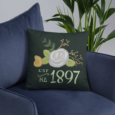 Kappa Delta 1897 Founding Date Dark Green Pillow showing hand drawn design on chair
