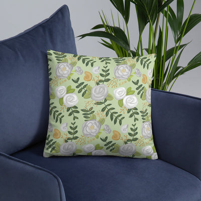 Kappa Delta Kay Dee Light Green Pillow showing floral print on back in chair
