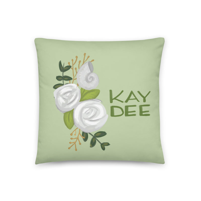Kappa Delta Kay Dee Light Green Pillow close up showing hand-drawn design