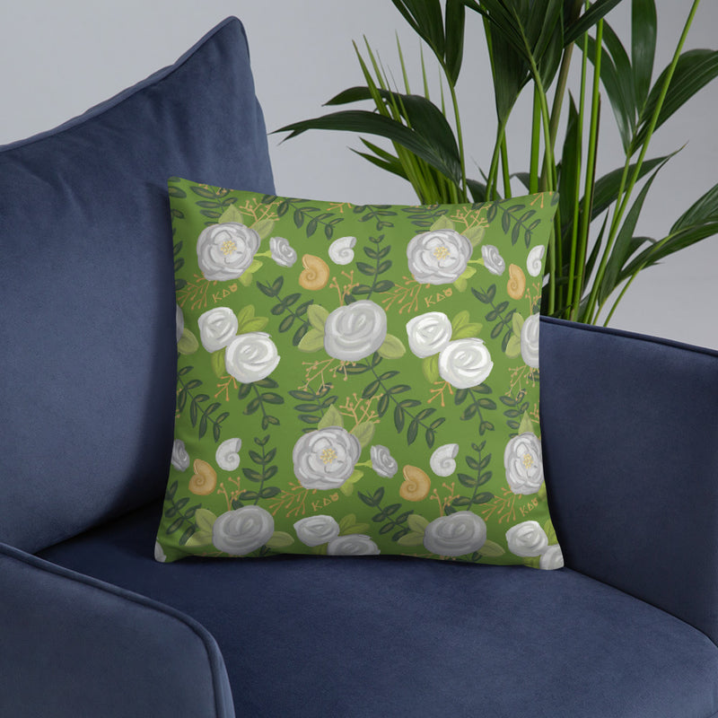 Kappa Delta White Rose Floral Print Pillow on chair