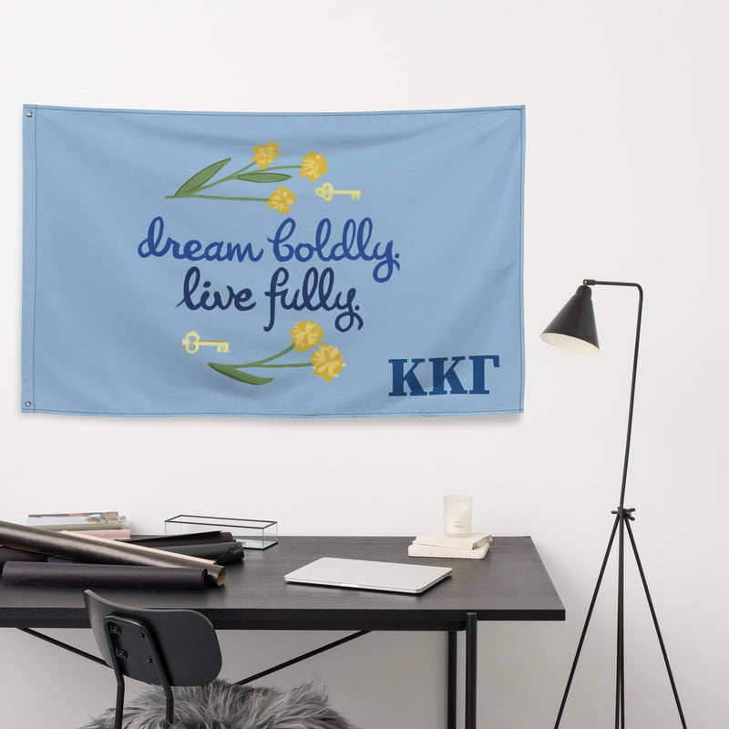 Kappa Kappa Gamma Dream Boldly. Live Fully Flag shown in office