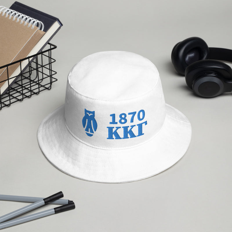 Kappa Kappa Gamma 1870 Owl Founding Year Bucket Hat in white with light blue embroidery