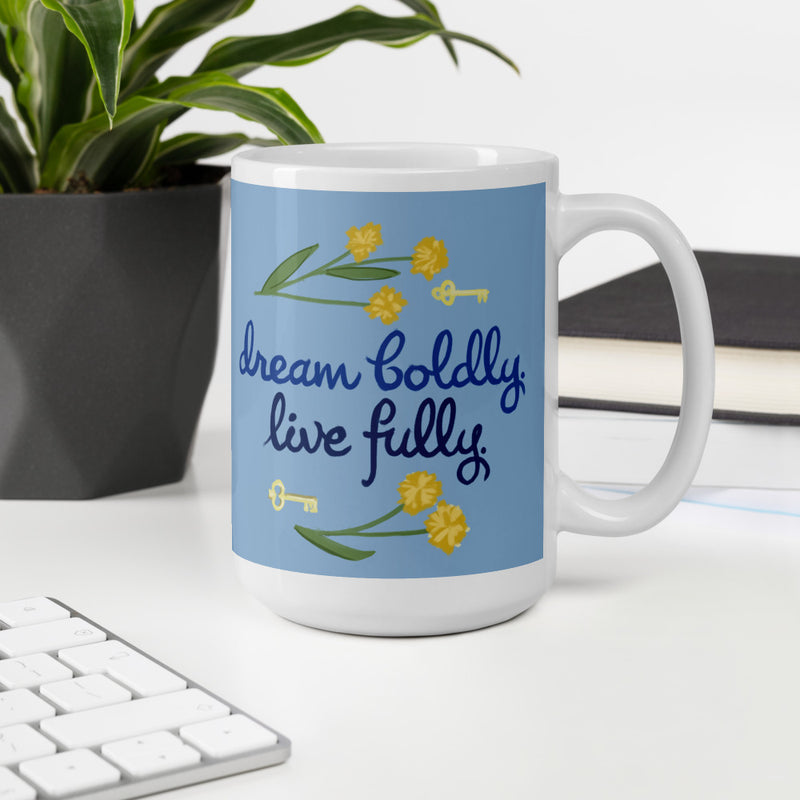 Kappa Kappa Gamma Dream Boldly. Live Fully. Blue Glossy Mug in 15 oz size shown in office