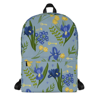 Kappa Kappa gamma iris print backpack with a blue background shown in full view.