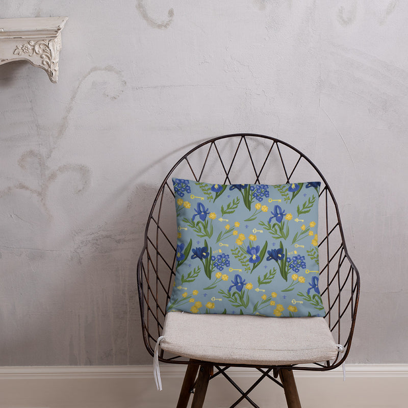 Kappa Kappa Gamma Fleur de Lis and Key Floral Print Pillow shown on chair