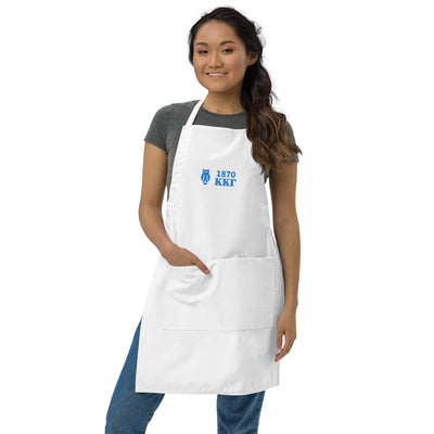 Kappa Kappa Gamma 1870 Embroidered Apron in white shown in full view on model