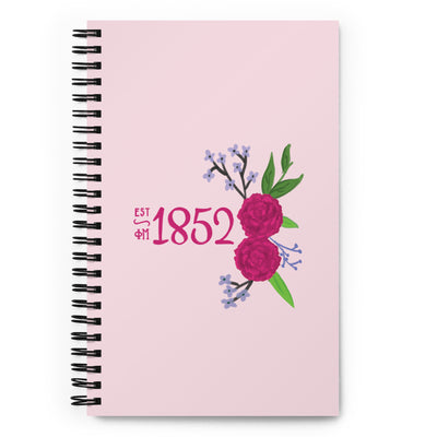 Phi Mu 1852 Founding Date Pink Spiral Notebook showing hand drawn design on front cover