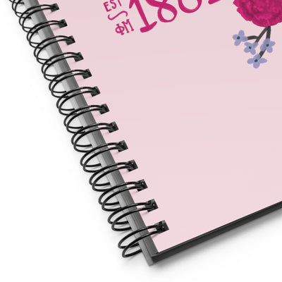 Phi Mu 1852 Founding Date Pink Spiral Notebook showing product details