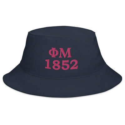 Phi Mu 1852 Founding Date Bucket Hat in Navy blue with pink embroidery