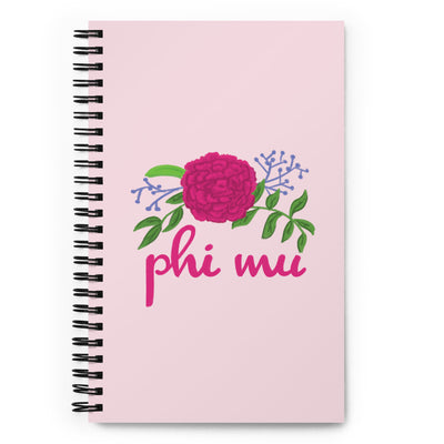 Phi Mu Carnation Design Spiral Notebook in light pink showing hand drawn carnation design
