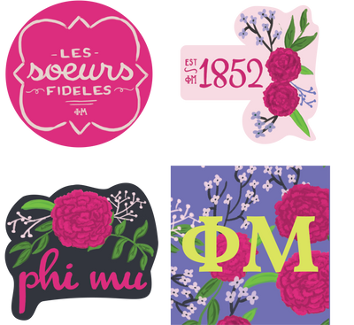 Phi Mu Sorority Stickers showing all 4 unique artist-designed stickers