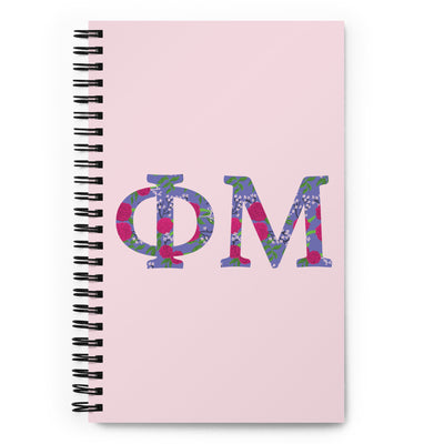 Phi Mu Letters Spiral Notebook showing front cover with filled letters design