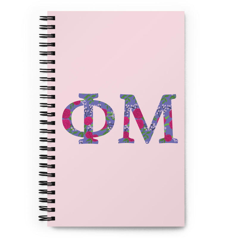Phi Mu Letters Spiral Notebook showing front cover with filled letters design