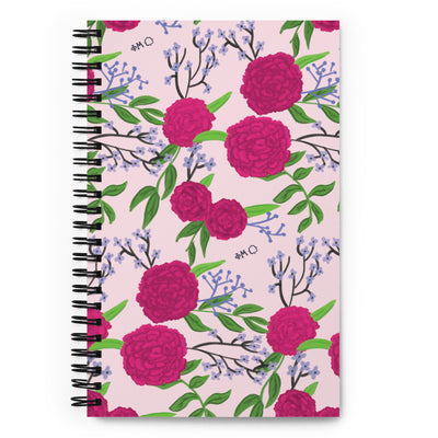 Phi Mu Pink Carnation Print Pink Spiral Notebook showing hand drawn design