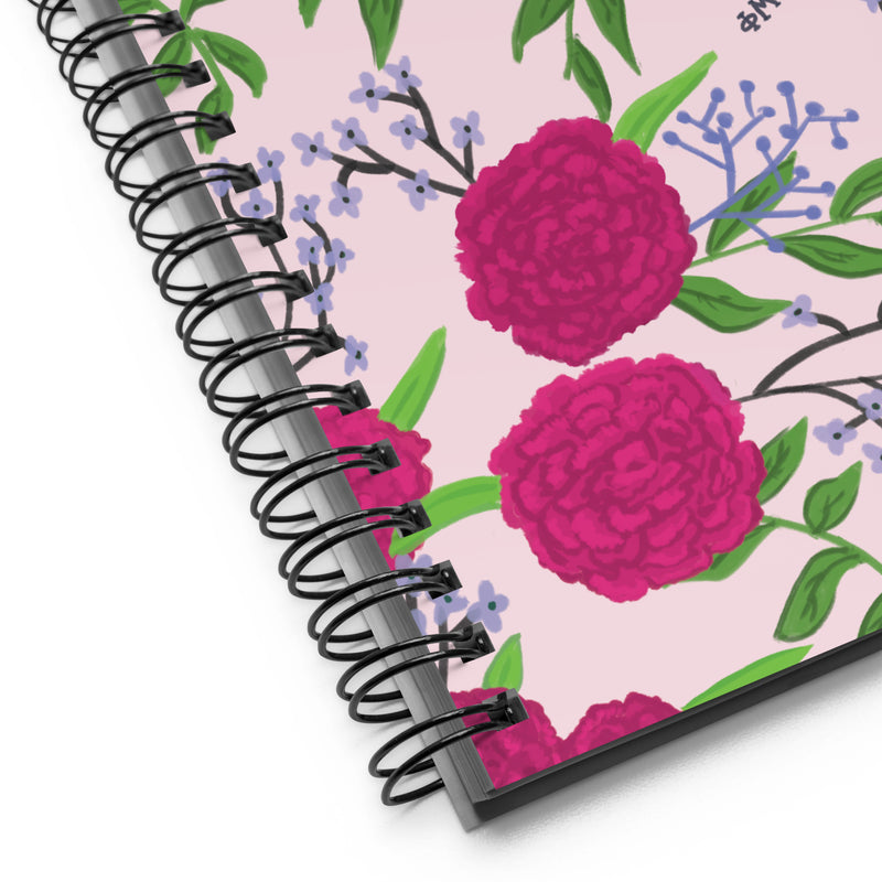 Phi Mu Pink Carnation Print Pink Spiral Notebook showing product details