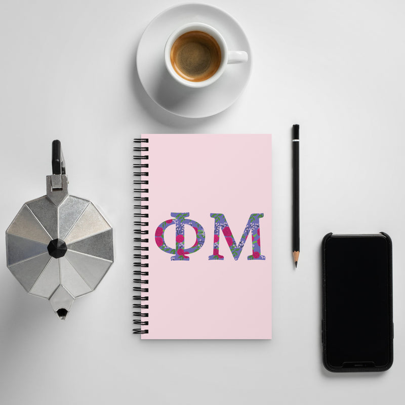 Phi Mu Greek Letters Spiral Notebook with coffee