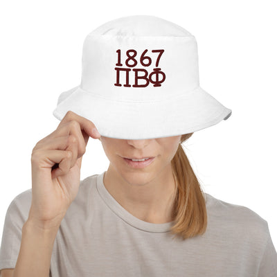 Pi Beta Phi 1867 Founding Date Bucket Hat embroidered in wine on white hat