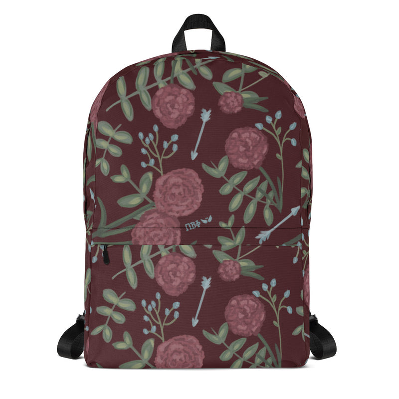 Pi Beta Phi wine carnation print backpack with arrows and a wine background showing front of backpack