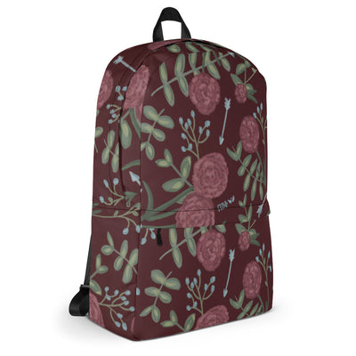 Pi Beta Phi wine carnation print backpack with arrows and a wine background showing side view
