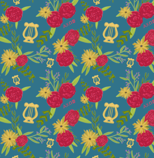 Alpha Chi Omega carnation and lyre print in detail view