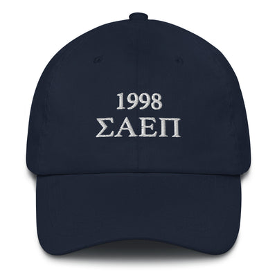 Sigma Alpha Epsilon Pi Navy Blue Baseball Hat with white embroidery shown in full view