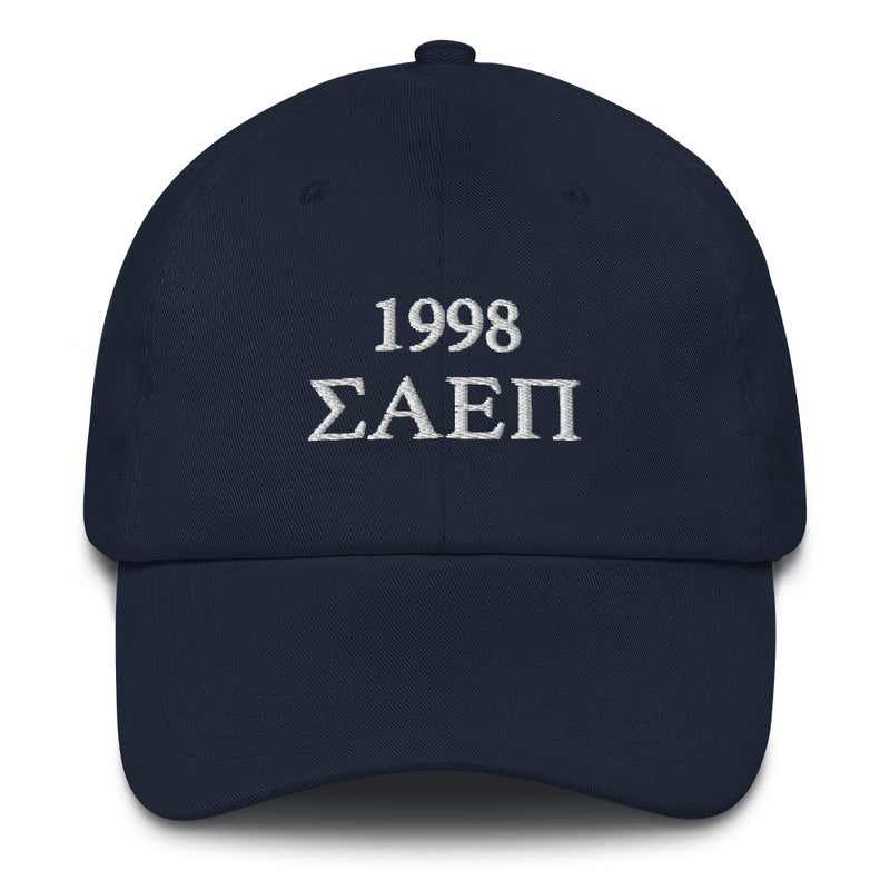 Sigma Alpha Epsilon Pi Navy Blue Baseball Hat with white embroidery shown in full view
