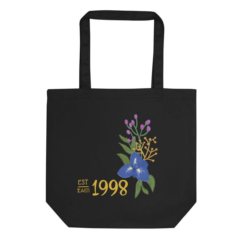 Sigma Alpha Epsilon Pi Eco Tote Bag with founding year design in black shown flat