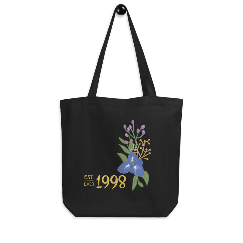 Sigma Alpha Epsilon Pi Eco Tote Bag in black shown hanging on hook