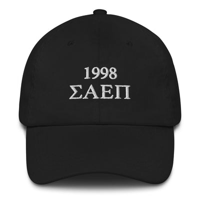 Sigma Alpha Epsilon Pi embroidered baseball cap in black with white embroidery shown in full view