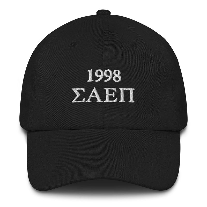 Sigma Alpha Epsilon Pi embroidered baseball cap in black with white embroidery shown in full view
