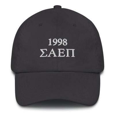 Sigma Alpha Epsilon Pi embroidered baseball hat in dark gray with white embroidery
