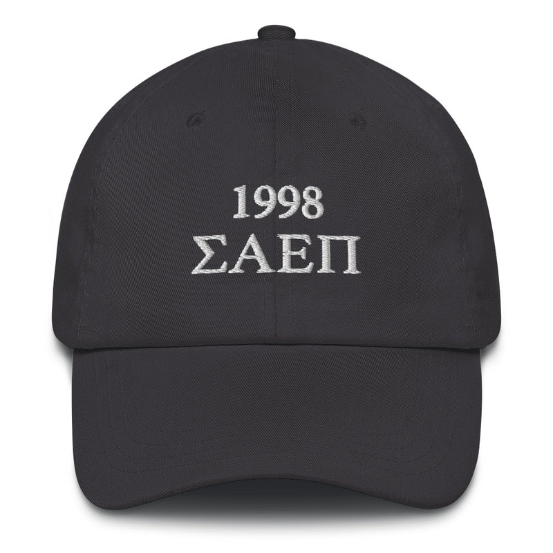 Sigma Alpha Epsilon Pi embroidered baseball hat in dark gray with white embroidery