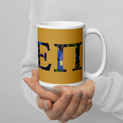 Sigma Alpha Epsilon Pi Letters Mug in 15 oz size shown in model's hands in gold