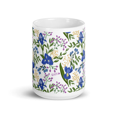 Sigma Alpha Epsilon Pi White Floral Mug showing print wrapping around mug