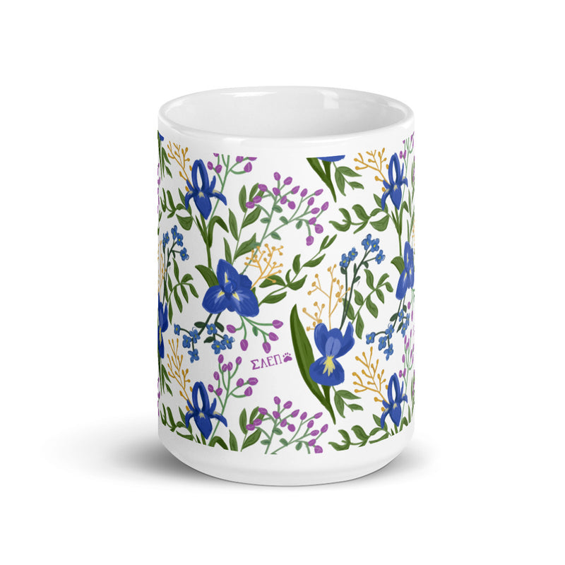 Sigma Alpha Epsilon Pi White Floral Mug showing print wrapping around mug