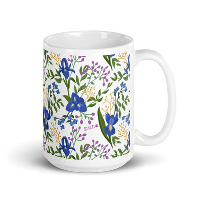 Sigma Alpha Epsilon Pi White Floral Mug in 15 oz size with handle on right