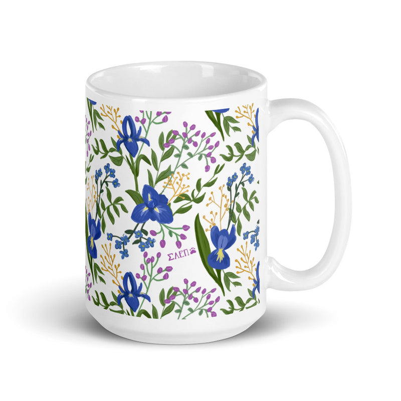 Sigma Alpha Epsilon Pi White Floral Mug in 15 oz size with handle on right