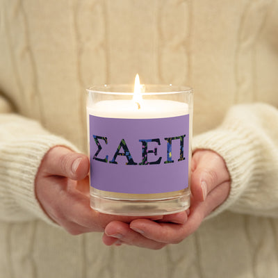Sigma Alpha Epsilon Pi Letters Glass Candle shown lit in model's hands