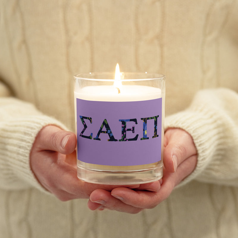 Sigma Alpha Epsilon Pi Letters Glass Candle shown lit in model&