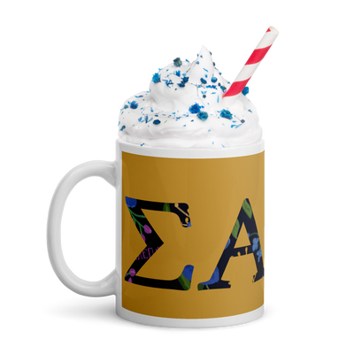 Sigma Alpha Epsilon Pi Letters Mug with filled letters showing whipped cream drink