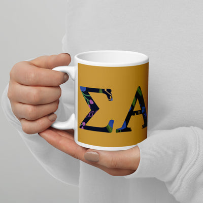 Sigma Alpha Epsilon Pi Letters Mug in 11 oz size shown in model's hands