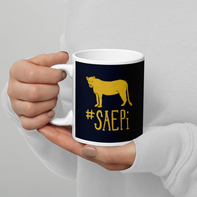 Sigma Alpha Epsilon Pi Lioness Mug in 11 oz size in dark blue with gold design