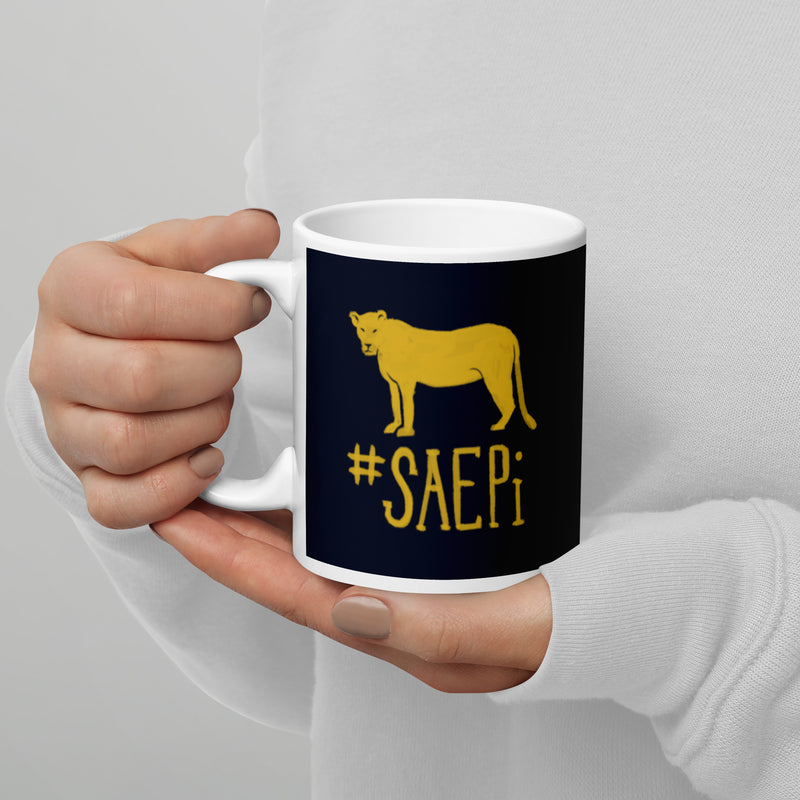 Sigma Alpha Epsilon Pi Lioness Mug in 11 oz size in dark blue with gold design